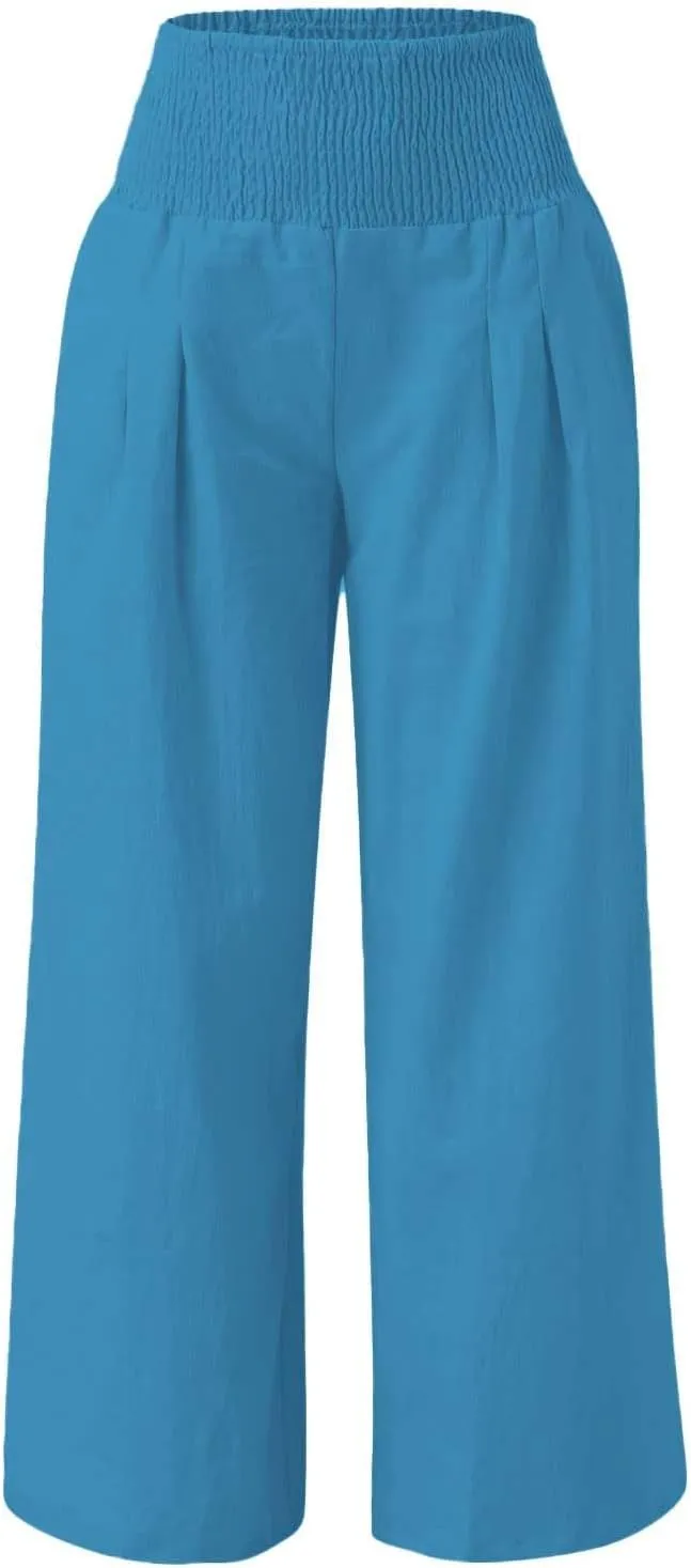 Linen Pants Women Summer Baggy Wide Leg High Waisted Palazzo Pants Plus Size Casual Lounge Comfy Flowy Beach Trousers