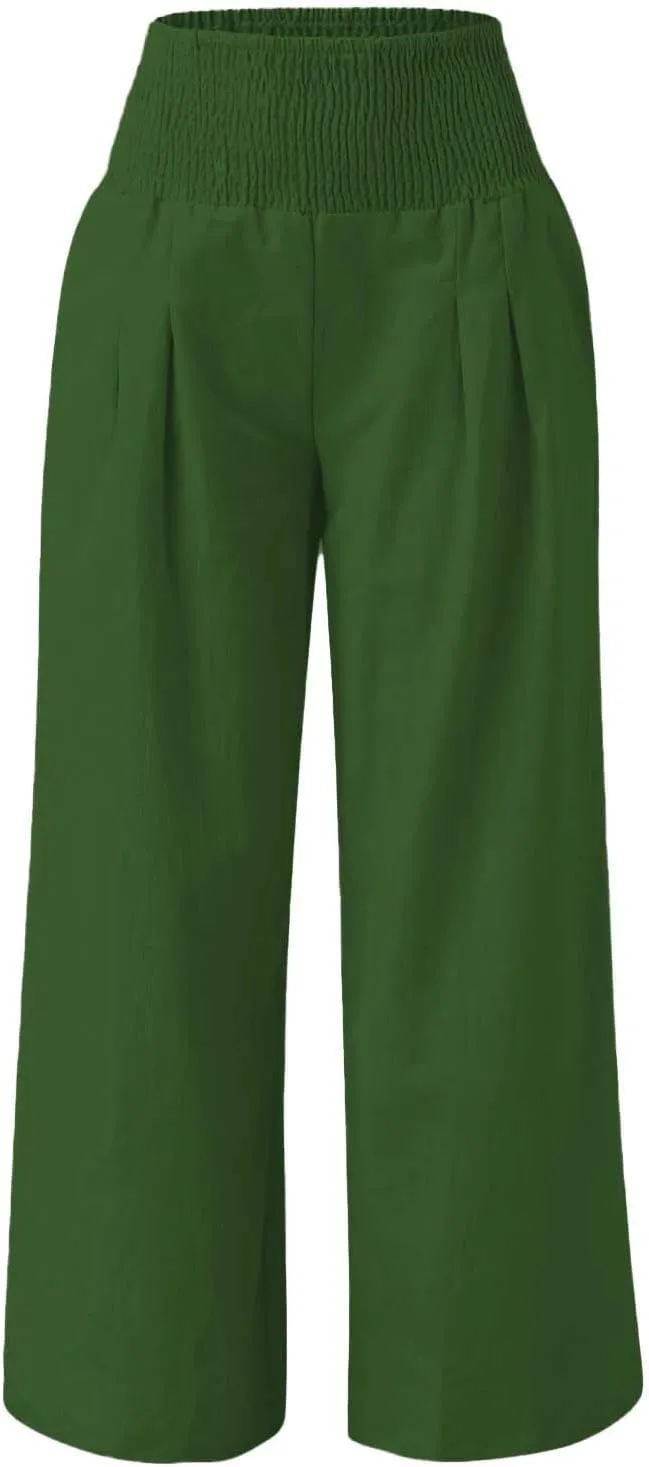 Linen Pants Women Summer Baggy Wide Leg High Waisted Palazzo Pants Plus Size Casual Lounge Comfy Flowy Beach Trousers