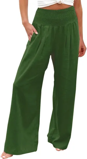 Linen Pants Women Summer Baggy Wide Leg High Waisted Palazzo Pants Plus Size Casual Lounge Comfy Flowy Beach Trousers