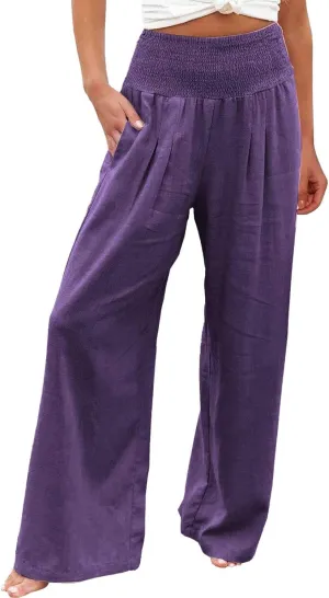 Linen Pants Women Summer Baggy Wide Leg High Waisted Palazzo Pants Plus Size Casual Lounge Comfy Flowy Beach Trousers