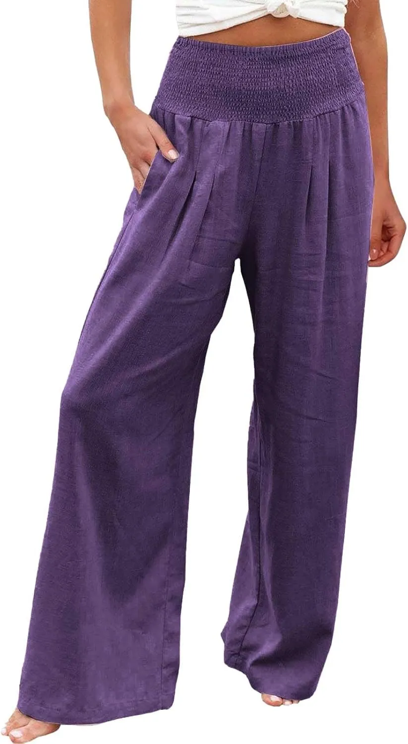 Linen Pants Women Summer Baggy Wide Leg High Waisted Palazzo Pants Plus Size Casual Lounge Comfy Flowy Beach Trousers