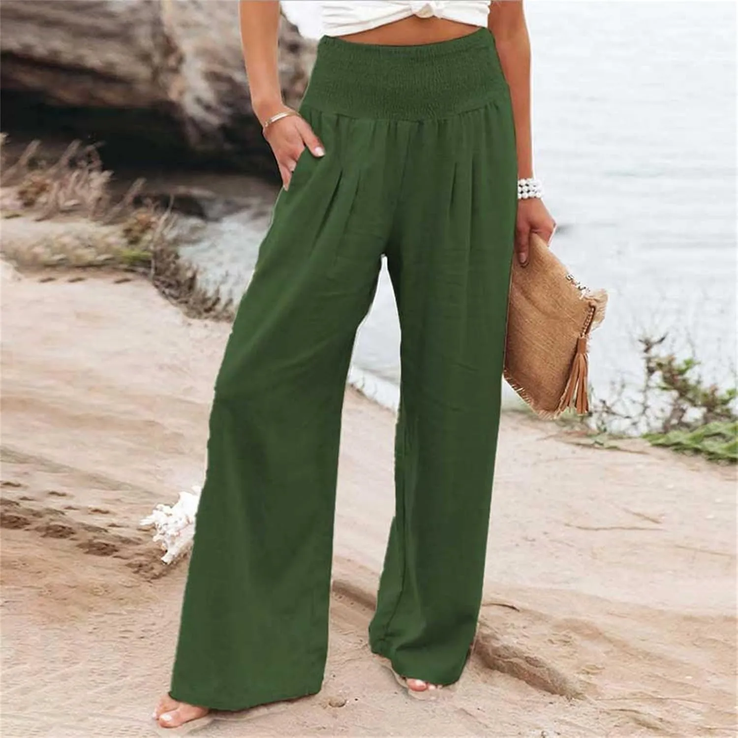Linen Pants Women Summer Baggy Wide Leg High Waisted Palazzo Pants Plus Size Casual Lounge Comfy Flowy Beach Trousers