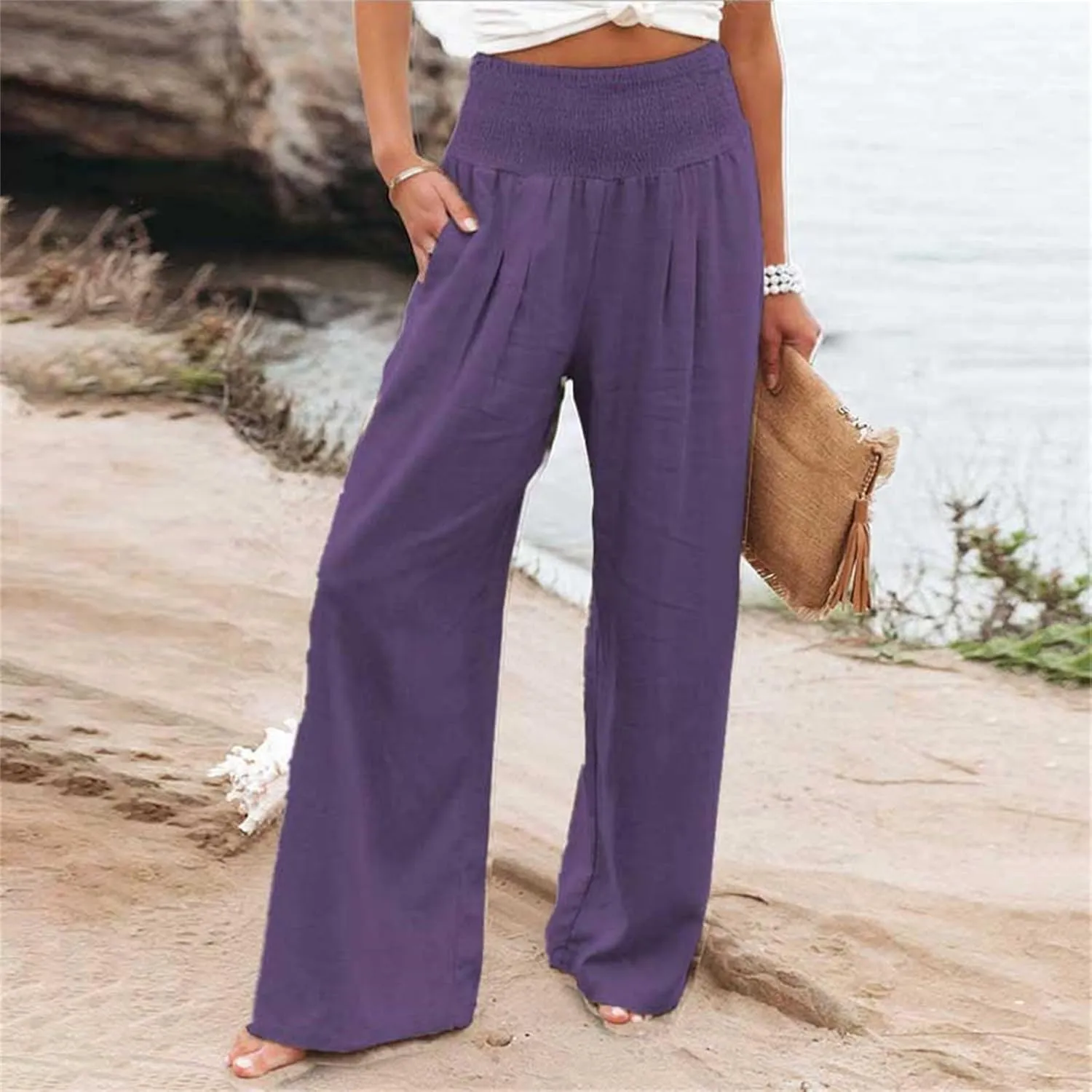 Linen Pants Women Summer Baggy Wide Leg High Waisted Palazzo Pants Plus Size Casual Lounge Comfy Flowy Beach Trousers