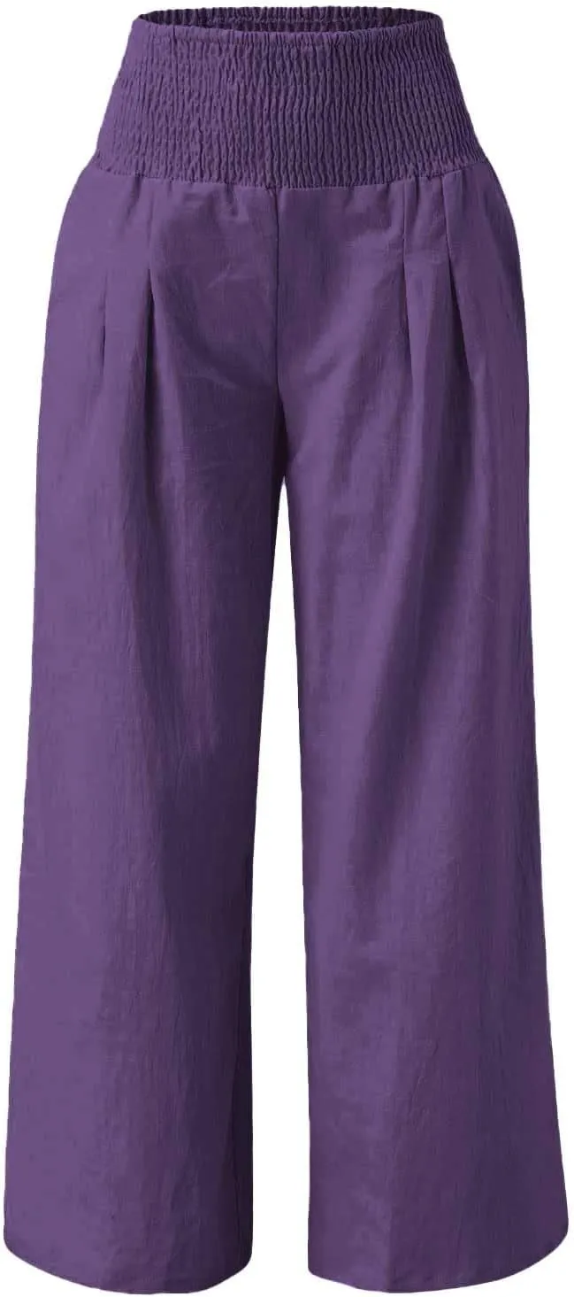 Linen Pants Women Summer Baggy Wide Leg High Waisted Palazzo Pants Plus Size Casual Lounge Comfy Flowy Beach Trousers