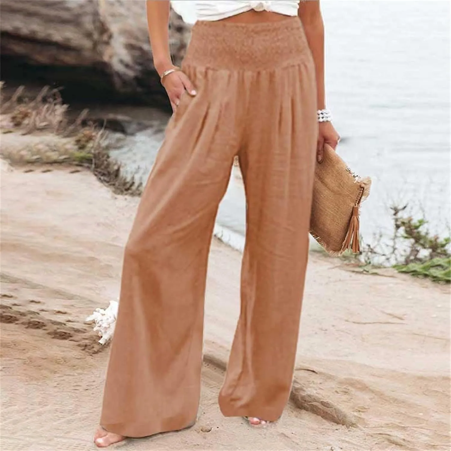 Linen Pants Women Summer Baggy Wide Leg High Waisted Palazzo Pants Plus Size Casual Lounge Comfy Flowy Beach Trousers