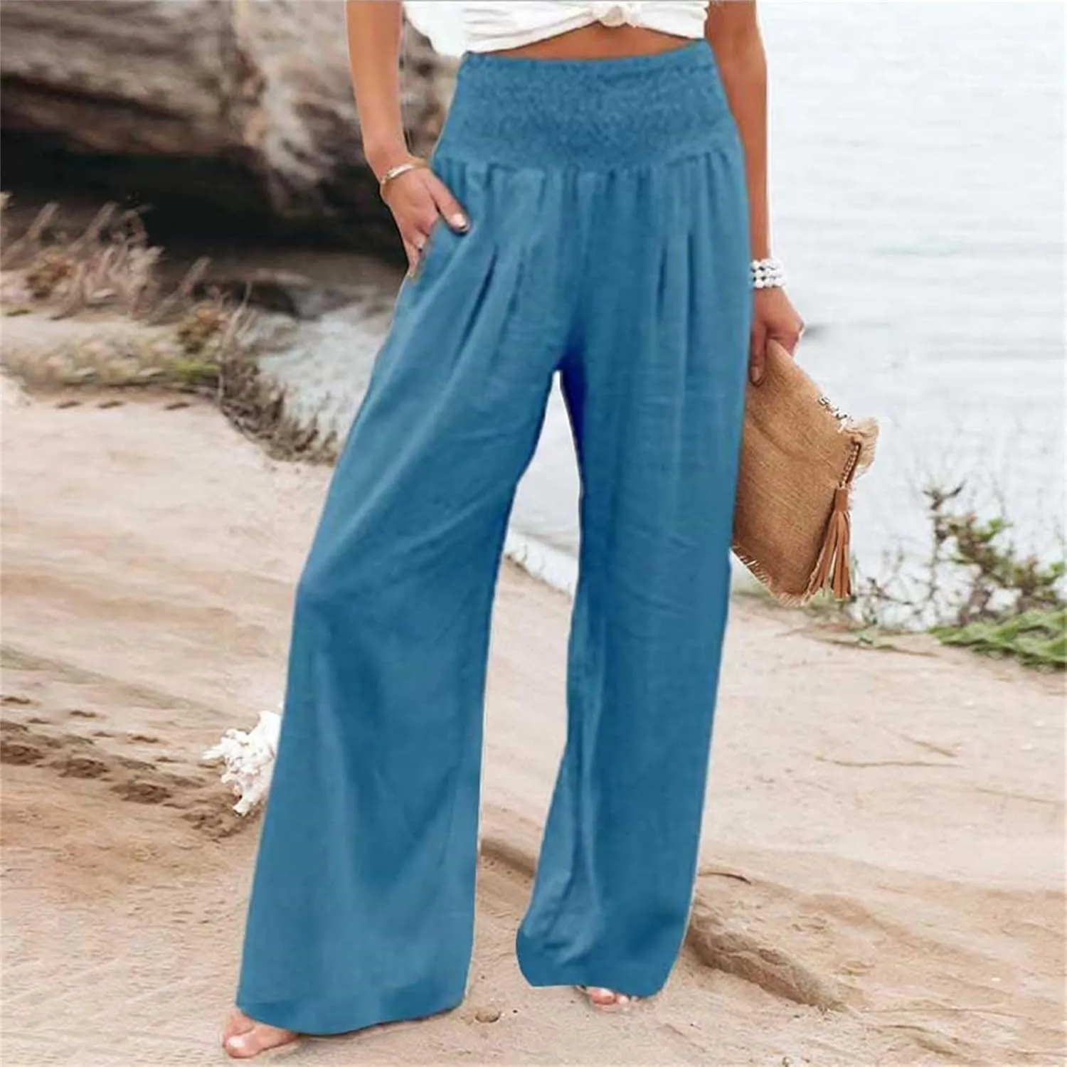 Linen Pants Women Summer Baggy Wide Leg High Waisted Palazzo Pants Plus Size Casual Lounge Comfy Flowy Beach Trousers