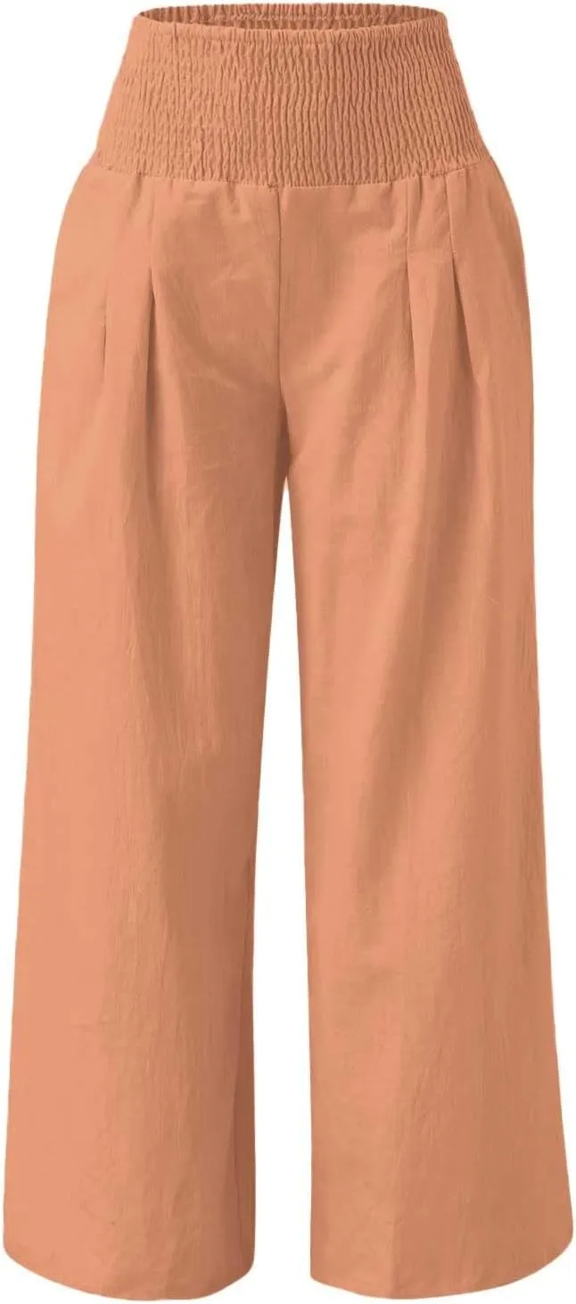 Linen Pants Women Summer Baggy Wide Leg High Waisted Palazzo Pants Plus Size Casual Lounge Comfy Flowy Beach Trousers