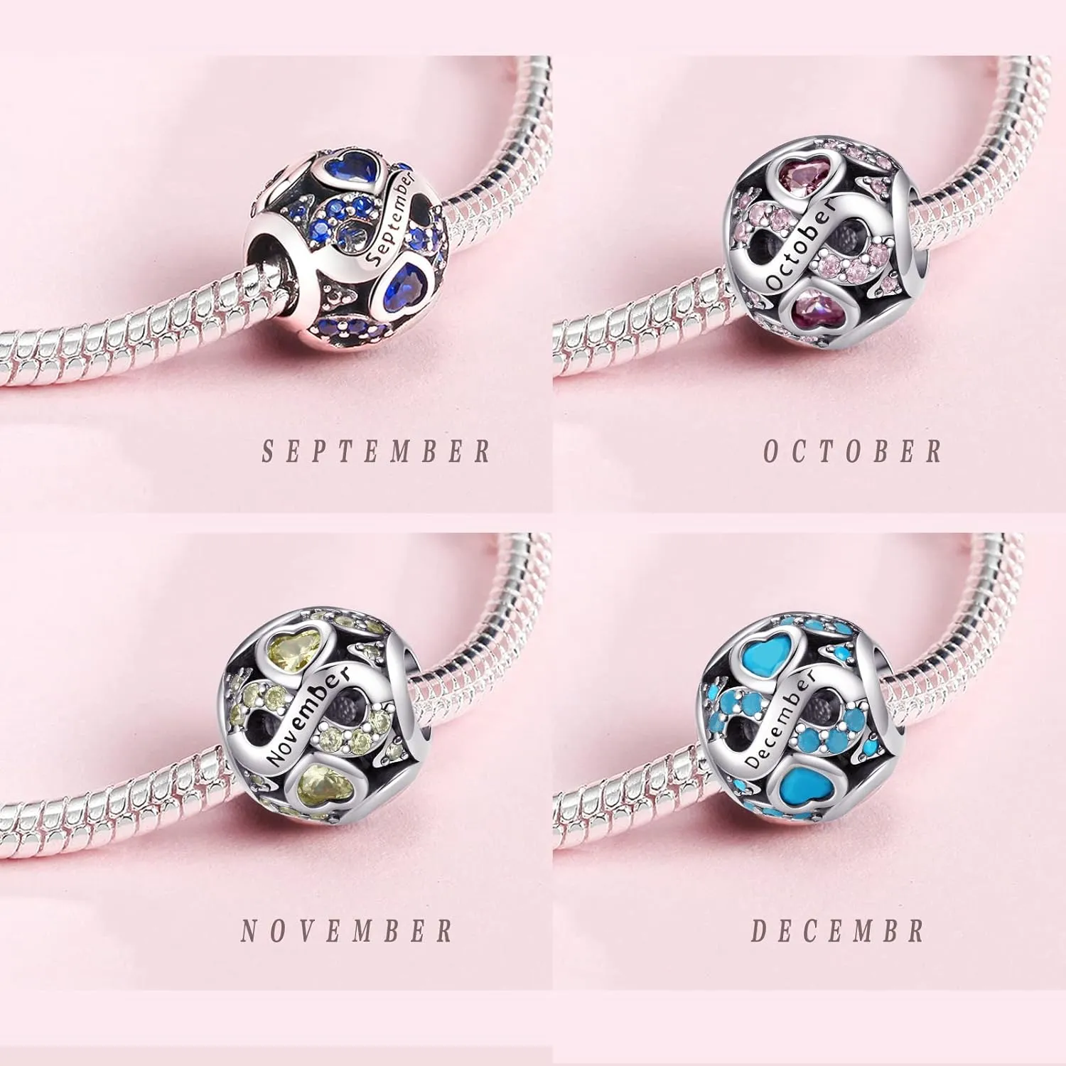 LNQOBU Birthstone Charm 925 Sterling Silver for Bracelets or Necklace With 5A Cubic Zirconia Birthday Charm Mother's Day Gifts (With One Spacer Beads)