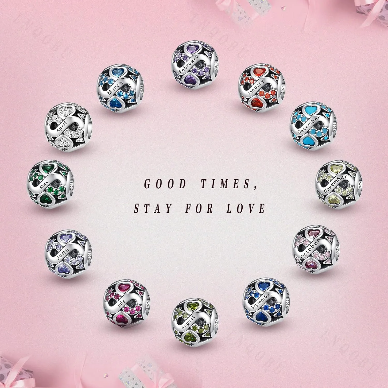 LNQOBU Birthstone Charm 925 Sterling Silver for Bracelets or Necklace With 5A Cubic Zirconia Birthday Charm Mother's Day Gifts (With One Spacer Beads)