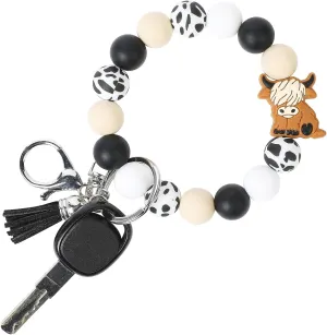 LONAI Highland Cow Wristlet Keaychain for Women, Silicone Cow Print Beaded Bracelet Keychains