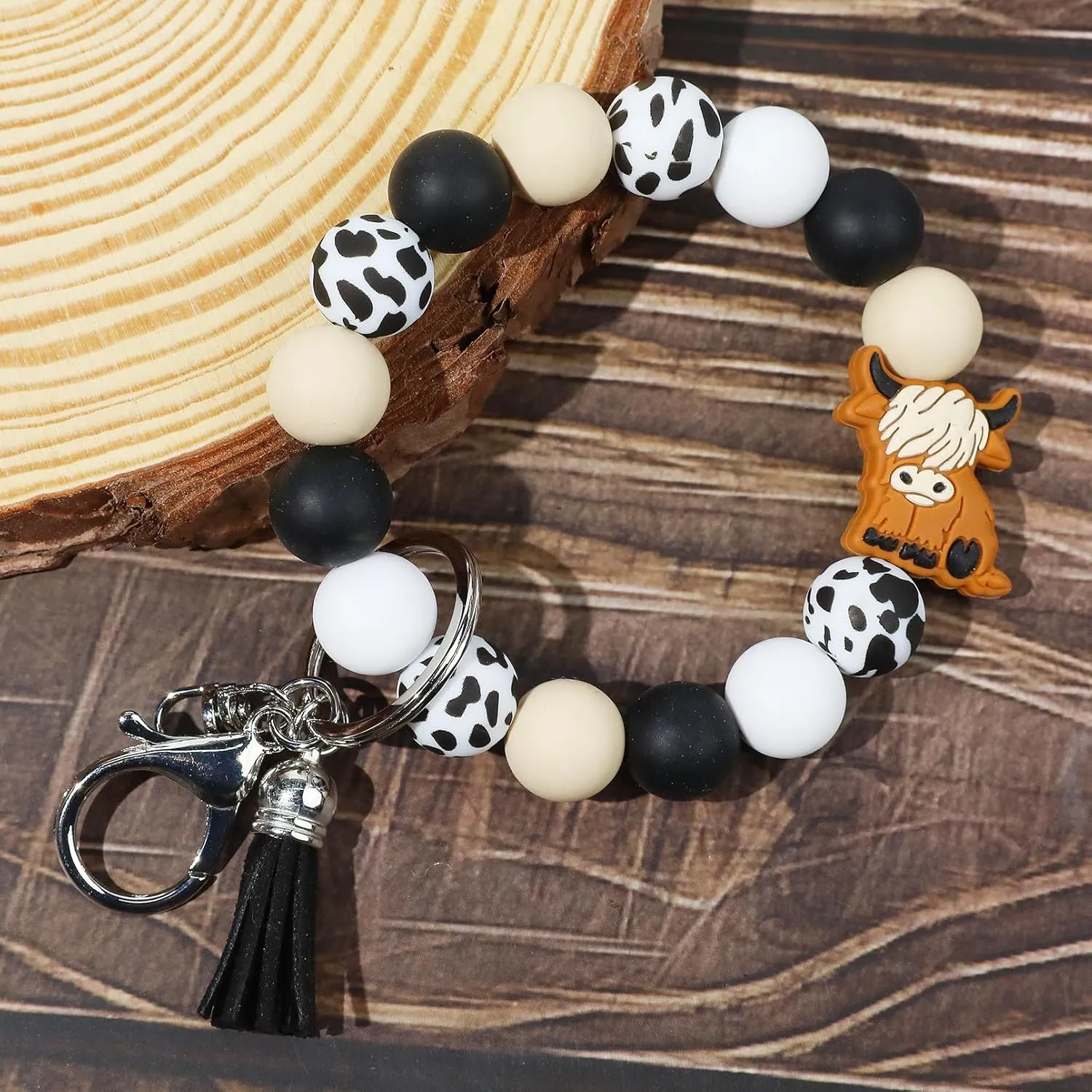 LONAI Highland Cow Wristlet Keaychain for Women, Silicone Cow Print Beaded Bracelet Keychains