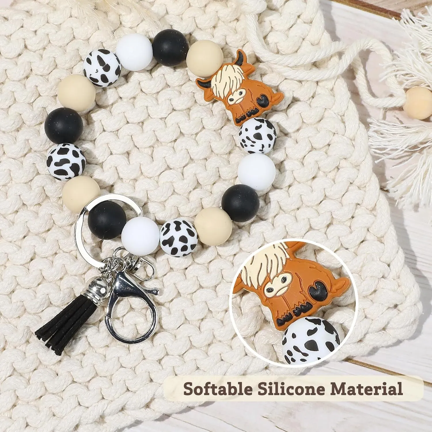 LONAI Highland Cow Wristlet Keaychain for Women, Silicone Cow Print Beaded Bracelet Keychains