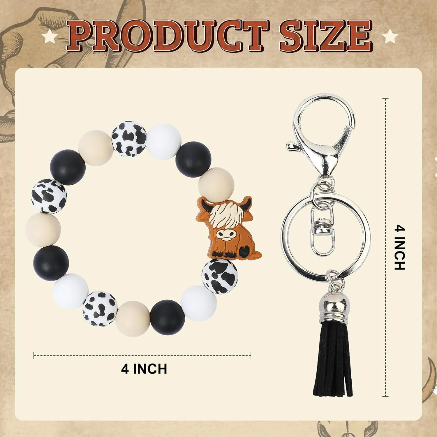 LONAI Highland Cow Wristlet Keaychain for Women, Silicone Cow Print Beaded Bracelet Keychains