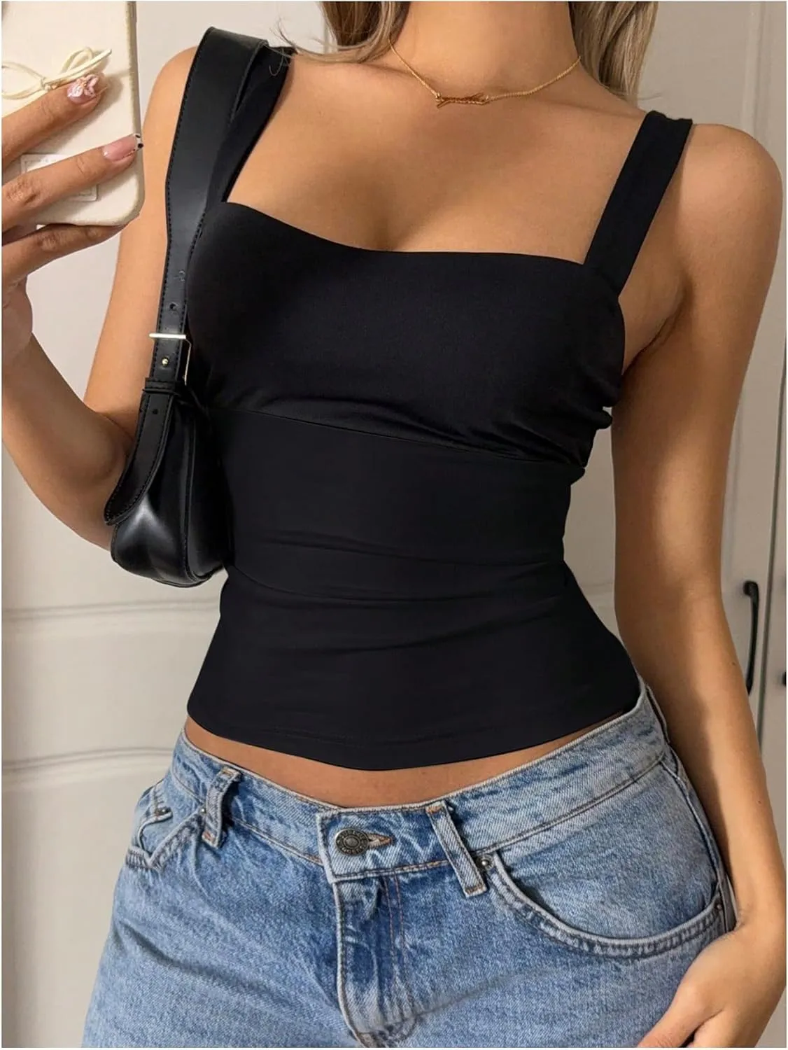 MakeMeChic Women's Colorblock Square Neck Fitted Summer Tank Tops Camisole