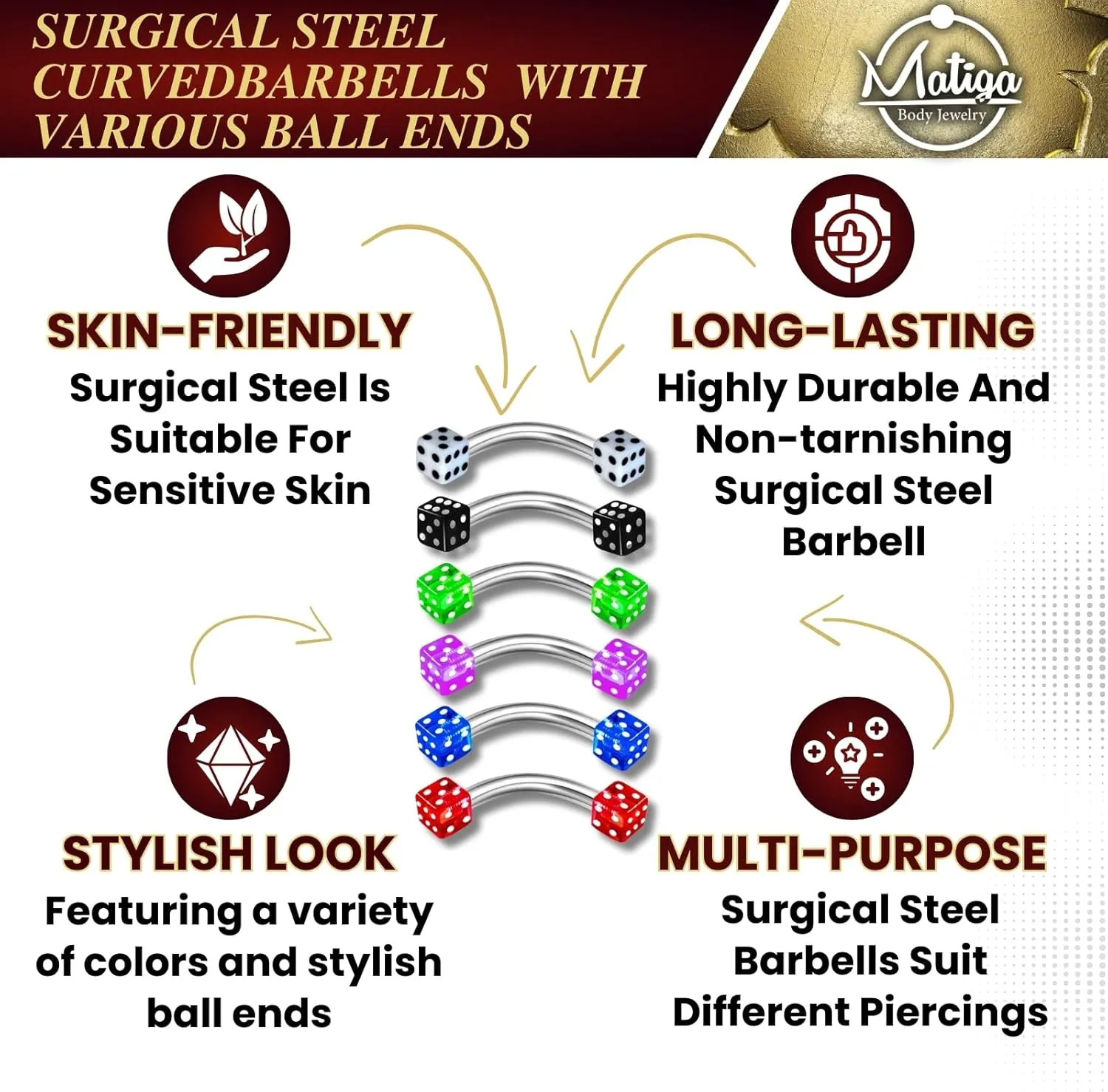 MATIGA 6Pcs Steel 16 gauge 5/16 8mm curved barbell Piercing Jewelry Rook Cartilage Tragus Daith Eyebrow 3mm UV Acrylic More Choices