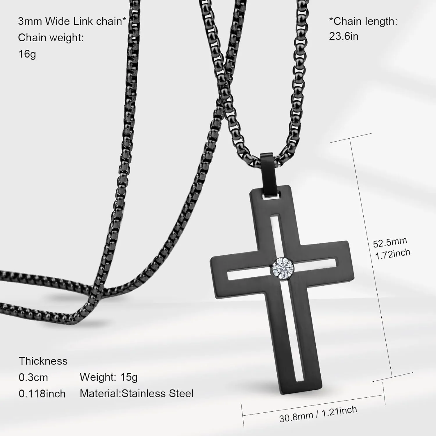 Matte Czech Diamond Gold Plated Cross Necklace Men's and Women's Stainless Steel Pendant 24 inch Steel Chain