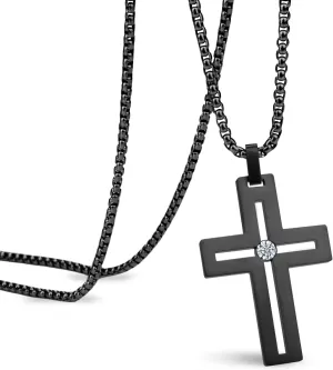 Matte Czech Diamond Gold Plated Cross Necklace Men's and Women's Stainless Steel Pendant 24 inch Steel Chain