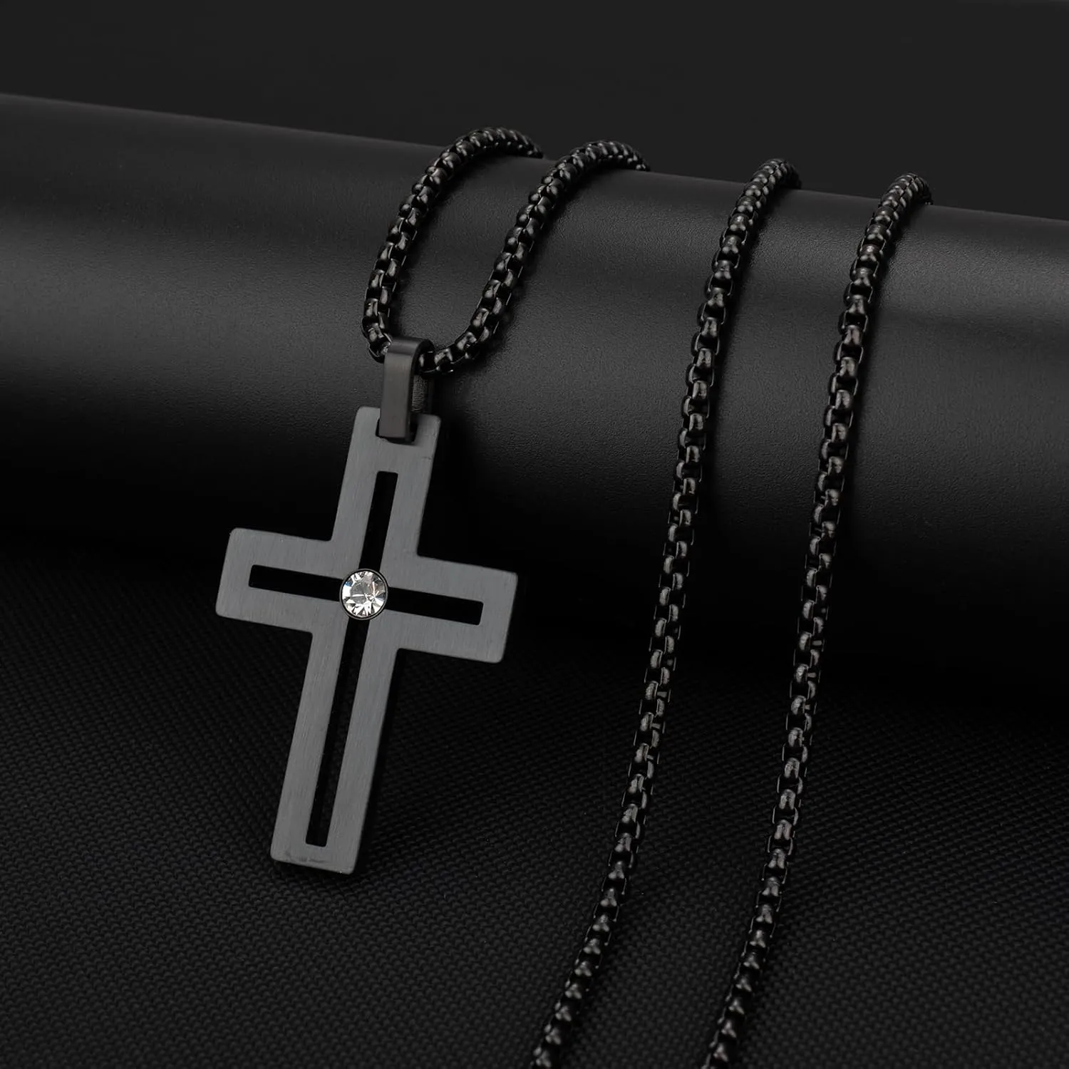 Matte Czech Diamond Gold Plated Cross Necklace Men's and Women's Stainless Steel Pendant 24 inch Steel Chain