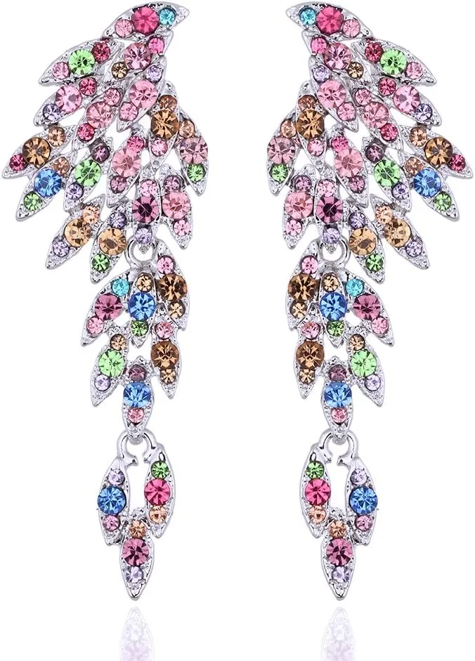 mecresh Retro Statement Angel Wings Wedding Crystal Rhinestone Cluster Chandelier Hollow Dangle Earrings Clip for Women's Day