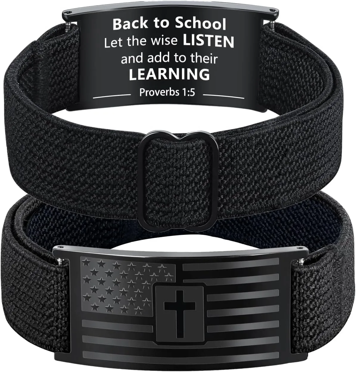 Mens Bracelet - American Flag Christian Cross Bracelet with Bible Verse, Adjustable Black Elastic Stretch Strap - Graduation Birthday Gifts for Men Boys