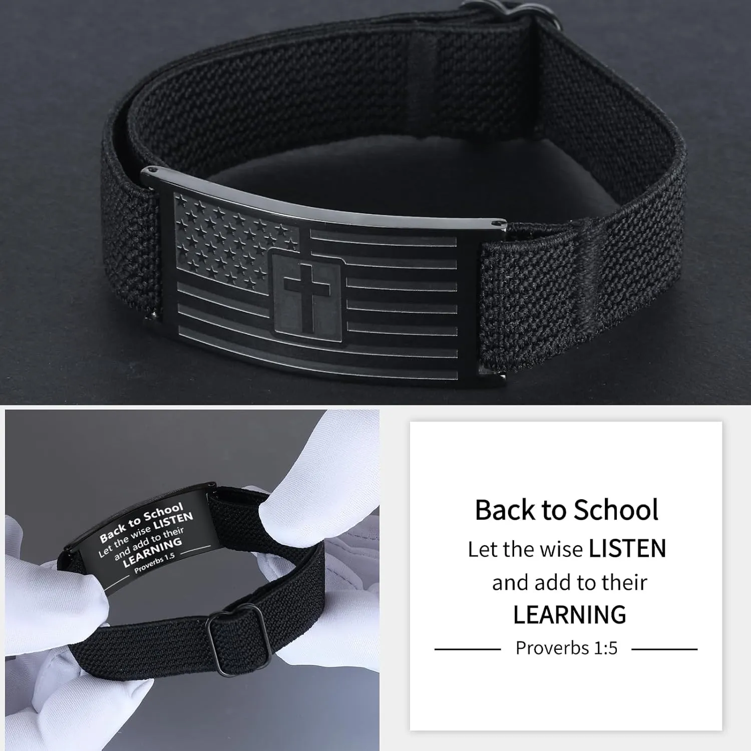 Mens Bracelet - American Flag Christian Cross Bracelet with Bible Verse, Adjustable Black Elastic Stretch Strap - Graduation Birthday Gifts for Men Boys