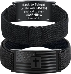 Mens Bracelet - American Flag Christian Cross Bracelet with Bible Verse, Adjustable Black Elastic Stretch Strap - Graduation Birthday Gifts for Men Boys