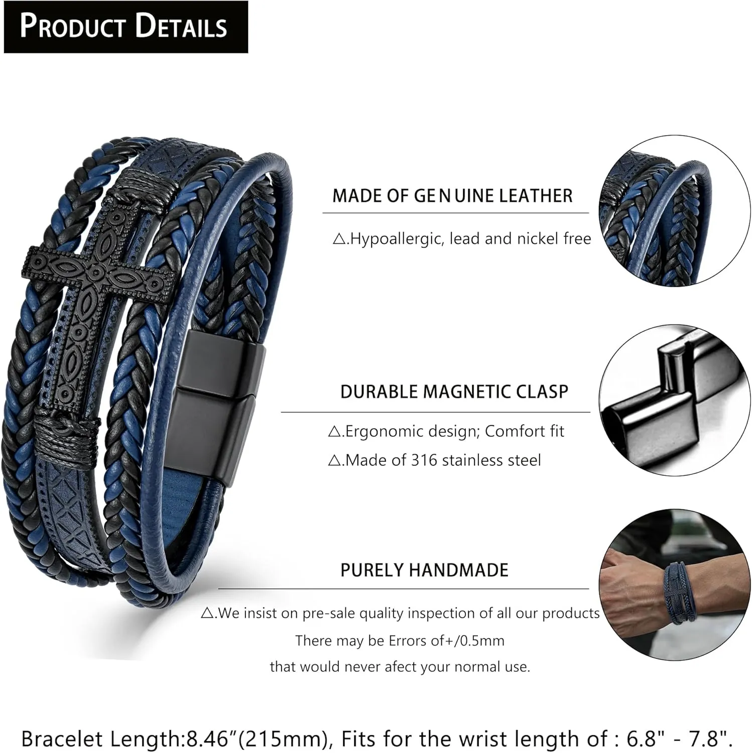 Mens Cuff Cross Bracelet Multi-Layer Braided Leather Cross Bracelet for Religious Bangle Wristband Faith Christian Jewelry for Men Teen