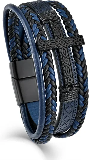 Mens Cuff Cross Bracelet Multi-Layer Braided Leather Cross Bracelet for Religious Bangle Wristband Faith Christian Jewelry for Men Teen
