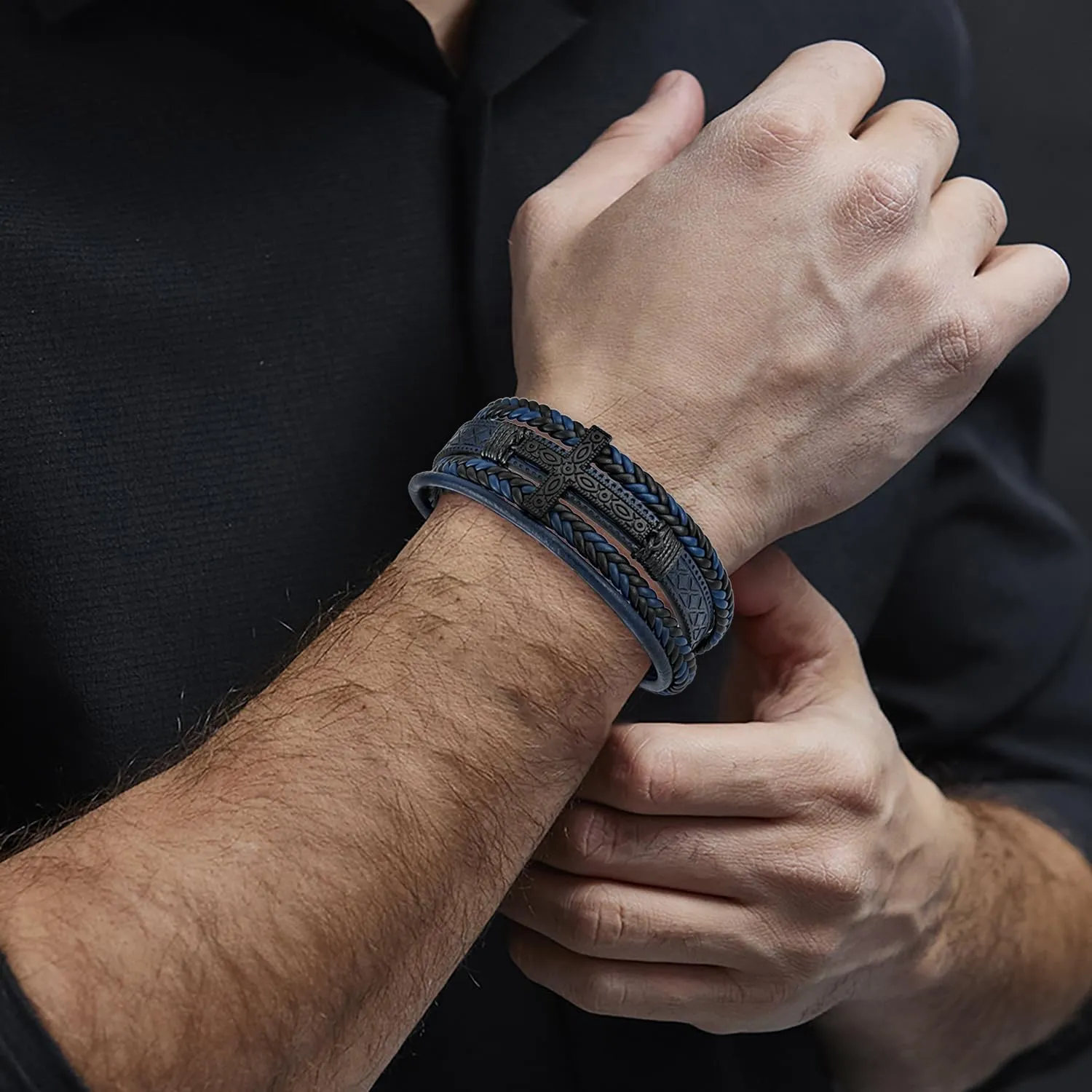 Mens Cuff Cross Bracelet Multi-Layer Braided Leather Cross Bracelet for Religious Bangle Wristband Faith Christian Jewelry for Men Teen