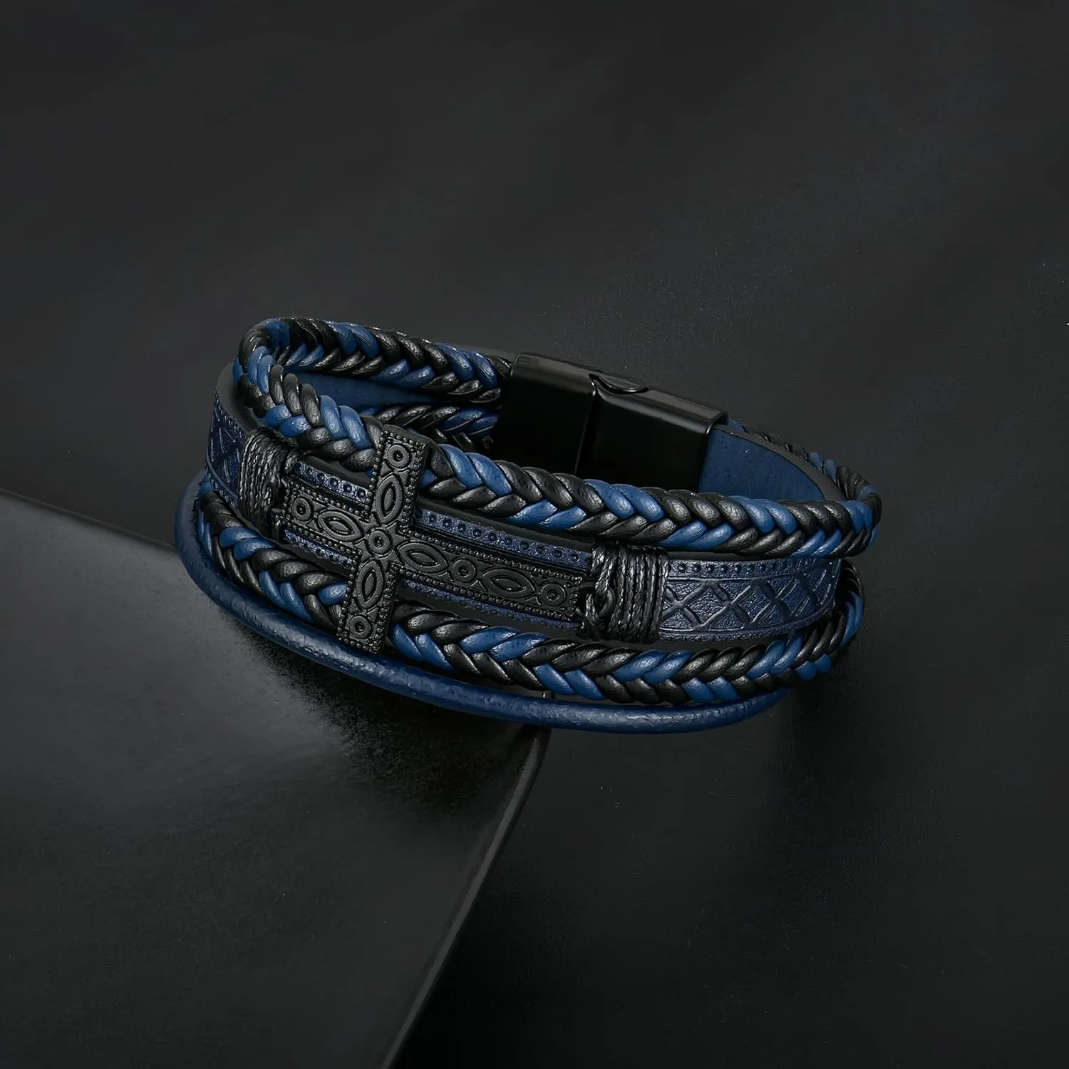 Mens Cuff Cross Bracelet Multi-Layer Braided Leather Cross Bracelet for Religious Bangle Wristband Faith Christian Jewelry for Men Teen