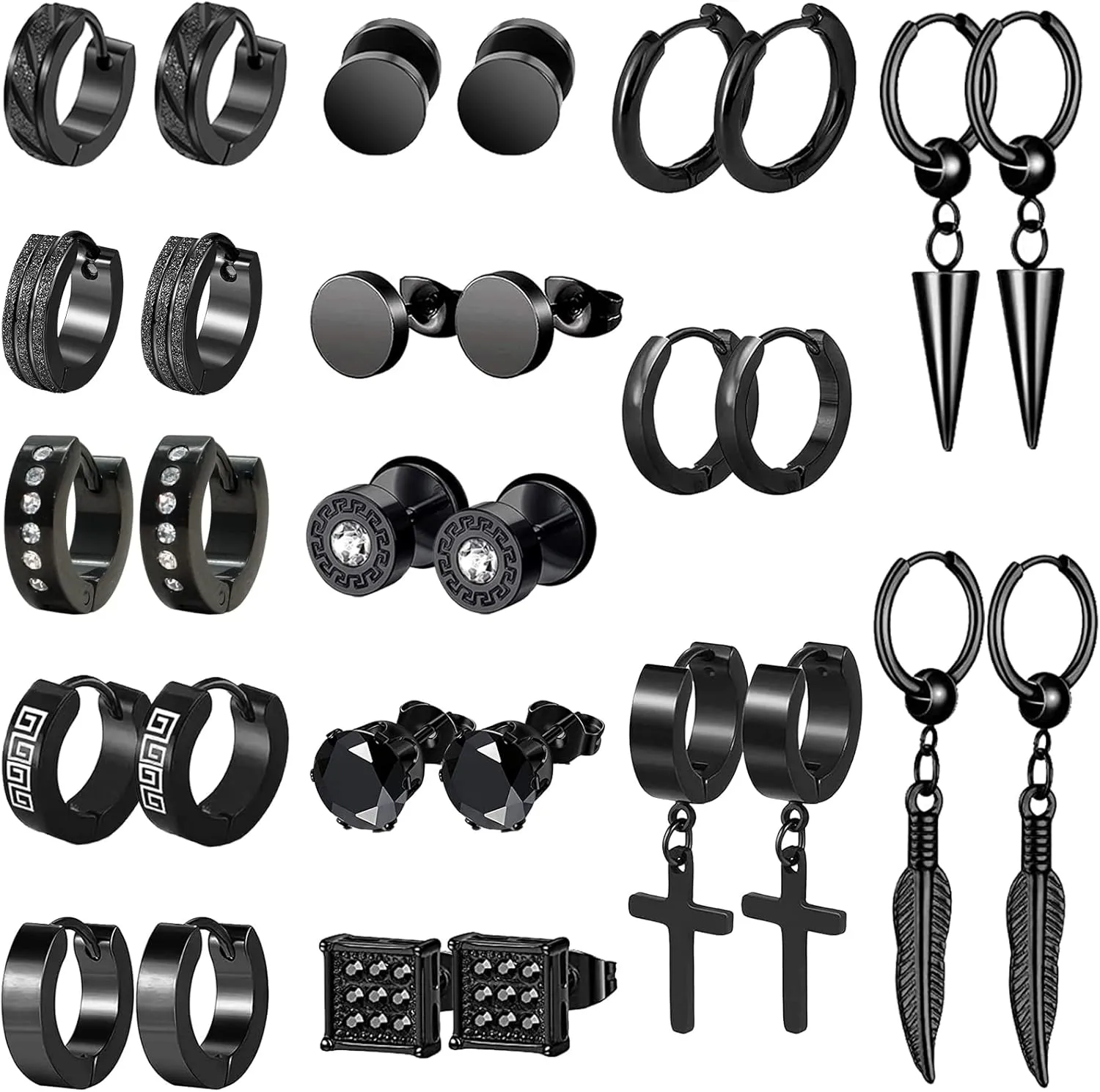 Men's Earrings, 15 Pairs Hoop, Surgical Stainless Steel, Black Cross Dangle Hoop Earrings Set