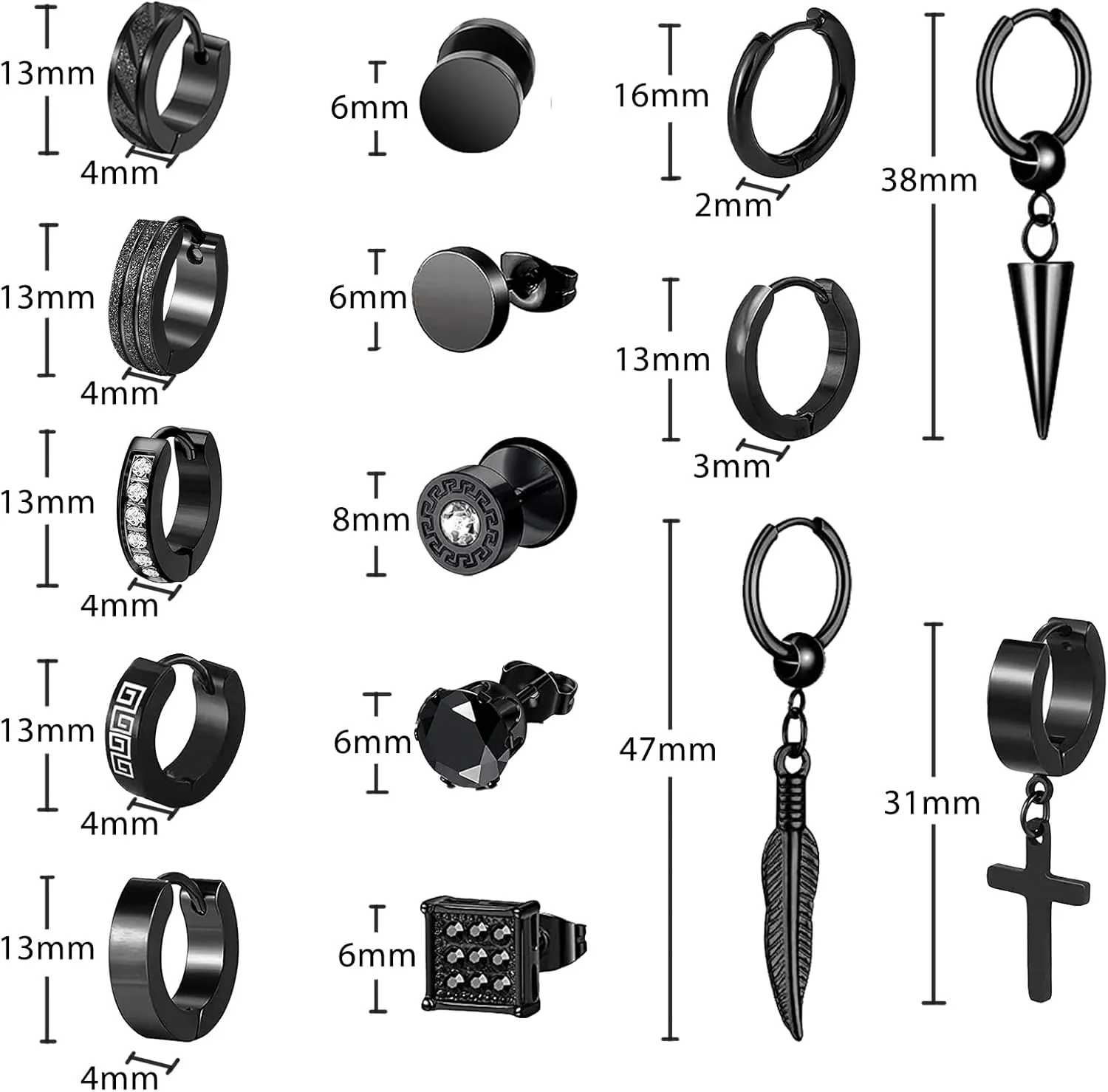 Men's Earrings, 15 Pairs Hoop, Surgical Stainless Steel, Black Cross Dangle Hoop Earrings Set