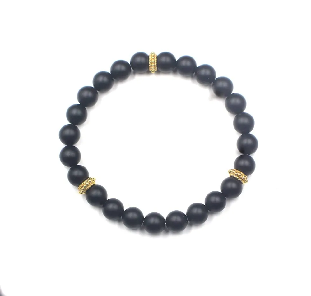Men's Matte Black Onyx and Gold Vermeil Bracelet, Men's Black Onyx and Gold Plated Sterling Silver Beads Bracelet