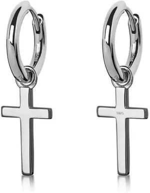 Mens Solid White Gold Plated 925 Sterling Silver Drop Dangle Cross Huggie Hoop Earrings Trendy 15mm Hypoallergenic Lightweight Huggie Cross Hoops Dangling Earrings for Men
