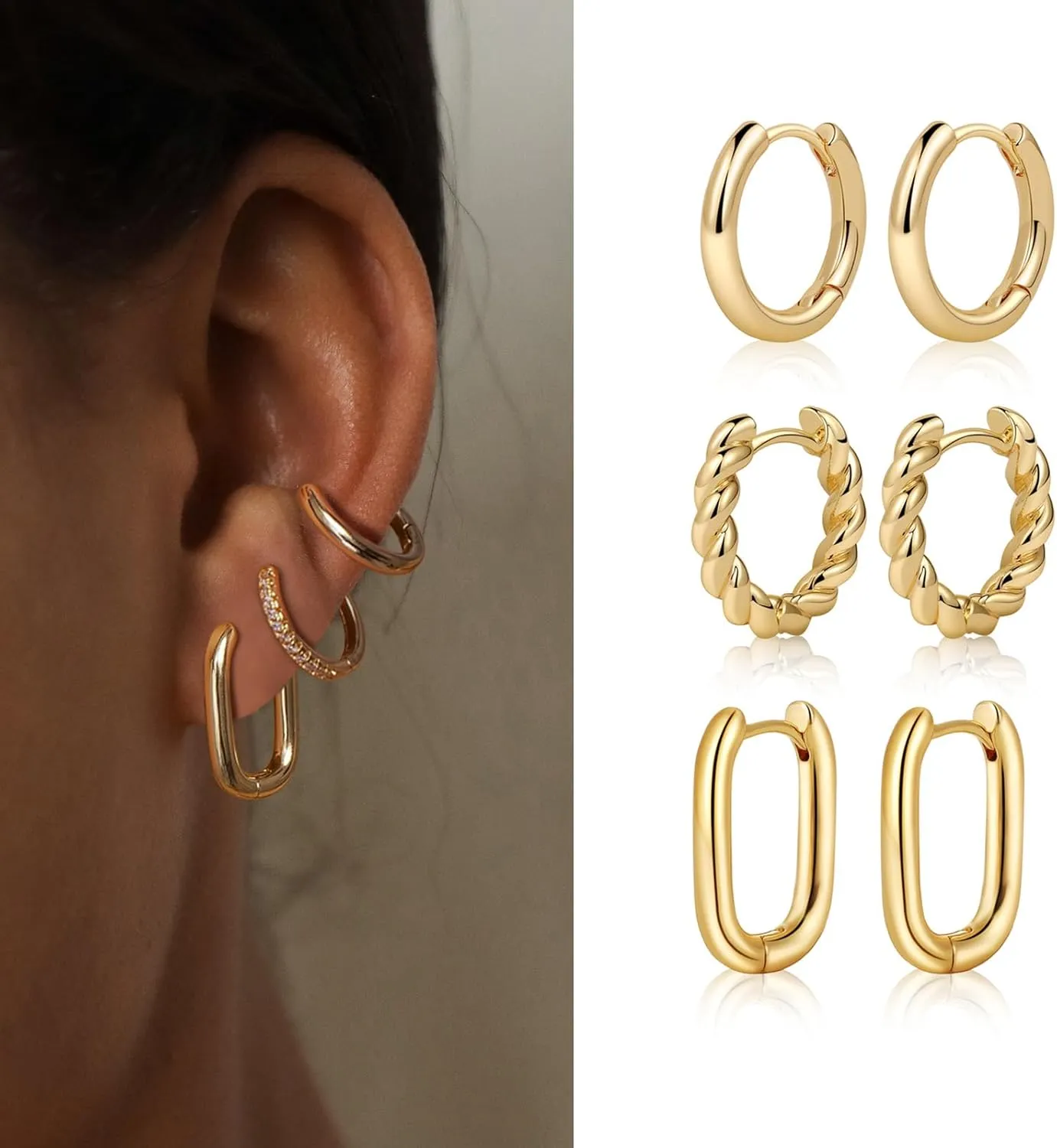 MIDEEO Gold/Sliver Chunky Hoop Earrings Set for Women, 14K Gold Plated Twisted Huggie Hoop Earring Hypoallergenic Thick Open Lightweight Chunky Hoop Earrings Jewelry for Gifts