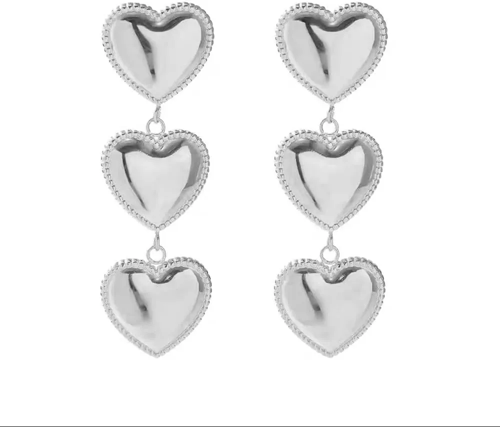Minimalist Triple Heart Tassel Small Dangle Drop Earrings for Women Cute 925 Sterling Silver Post Stud Gold Plated Love Heart Dangling Lightweight Hypoallergenic Valentines Day Gift Her