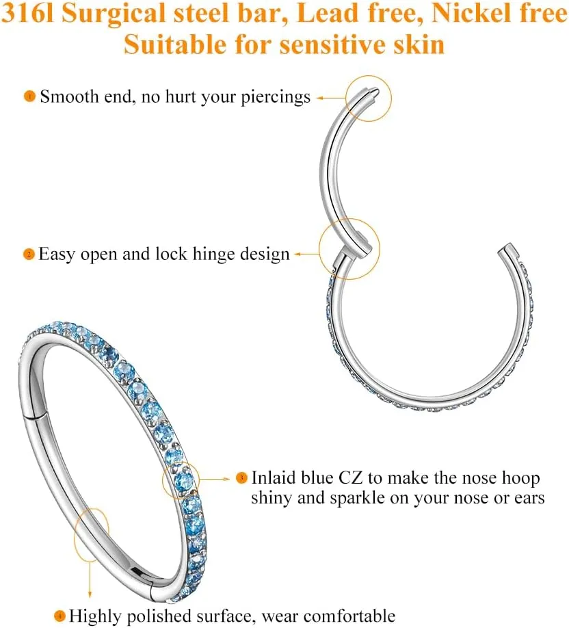 MissNity 20G, 18G, 16G, 14G Hinged Nose Rings Hoop with Gem in 316L Surgical Steel, Septum Clicker Cartilage Earrings Conch Daith Helix Rook Ear Lobe Piercing Jewelry, Diameter 6mm to 12mm