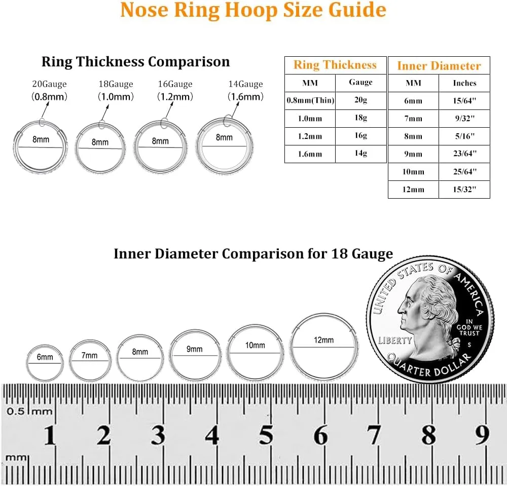 MissNity 20G, 18G, 16G, 14G Hinged Nose Rings Hoop with Gem in 316L Surgical Steel, Septum Clicker Cartilage Earrings Conch Daith Helix Rook Ear Lobe Piercing Jewelry, Diameter 6mm to 12mm