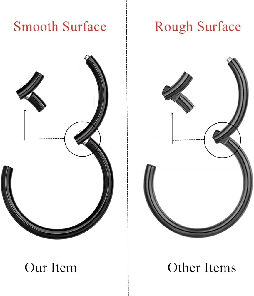 MissNity 316L Surgical Steel Hinged Nose Rings Hoop 20G 18G 16G 14G, Diameter 6mm to 10mm, Color Gold - Rose Gold - Silver - Black - Rainbow
