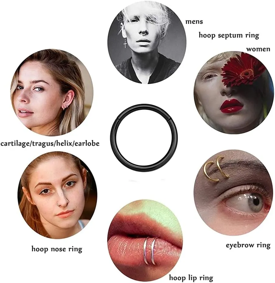 MissNity 316L Surgical Steel Hinged Nose Rings Hoop 20G 18G 16G 14G, Diameter 6mm to 10mm, Color Gold - Rose Gold - Silver - Black - Rainbow