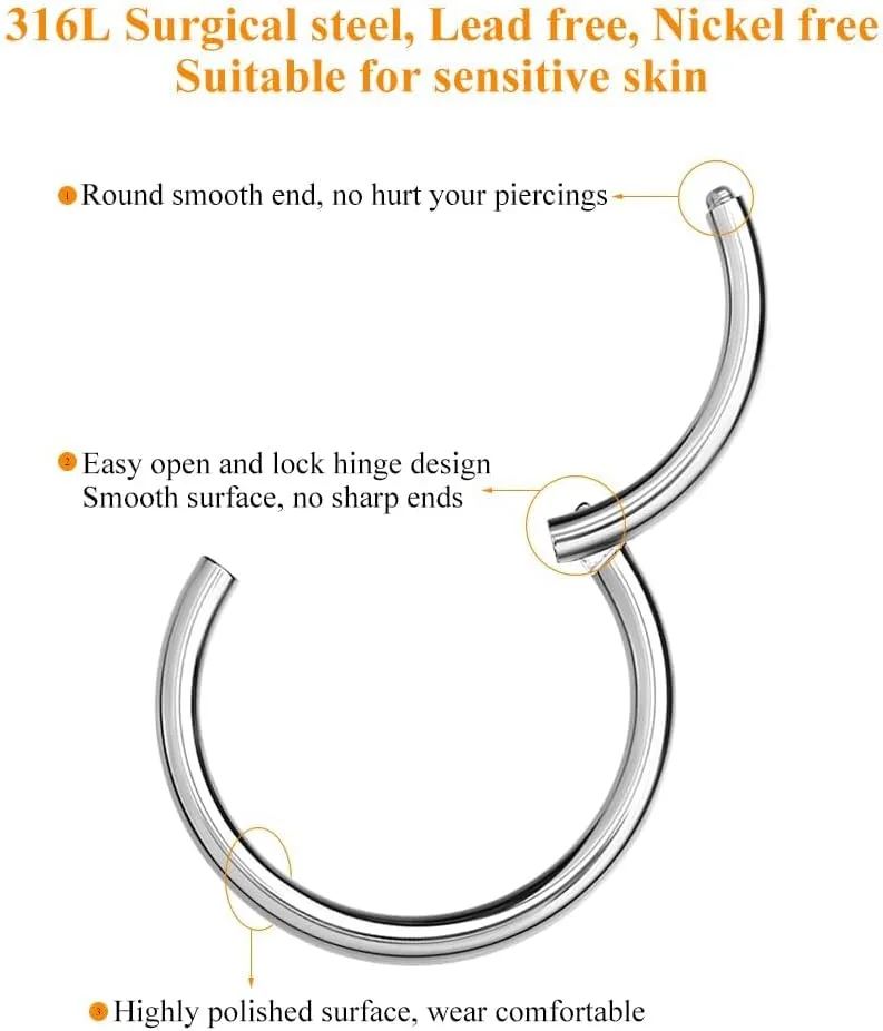 MissNity 316L Surgical Steel Hinged Nose Rings Hoop 20G 18G 16G 14G, Diameter 6mm to 10mm, Color Gold - Rose Gold - Silver - Black - Rainbow
