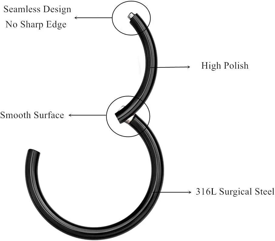 MissNity 316L Surgical Steel Hinged Nose Rings Hoop 20G 18G 16G 14G, Diameter 6mm to 10mm, Color Gold - Rose Gold - Silver - Black - Rainbow