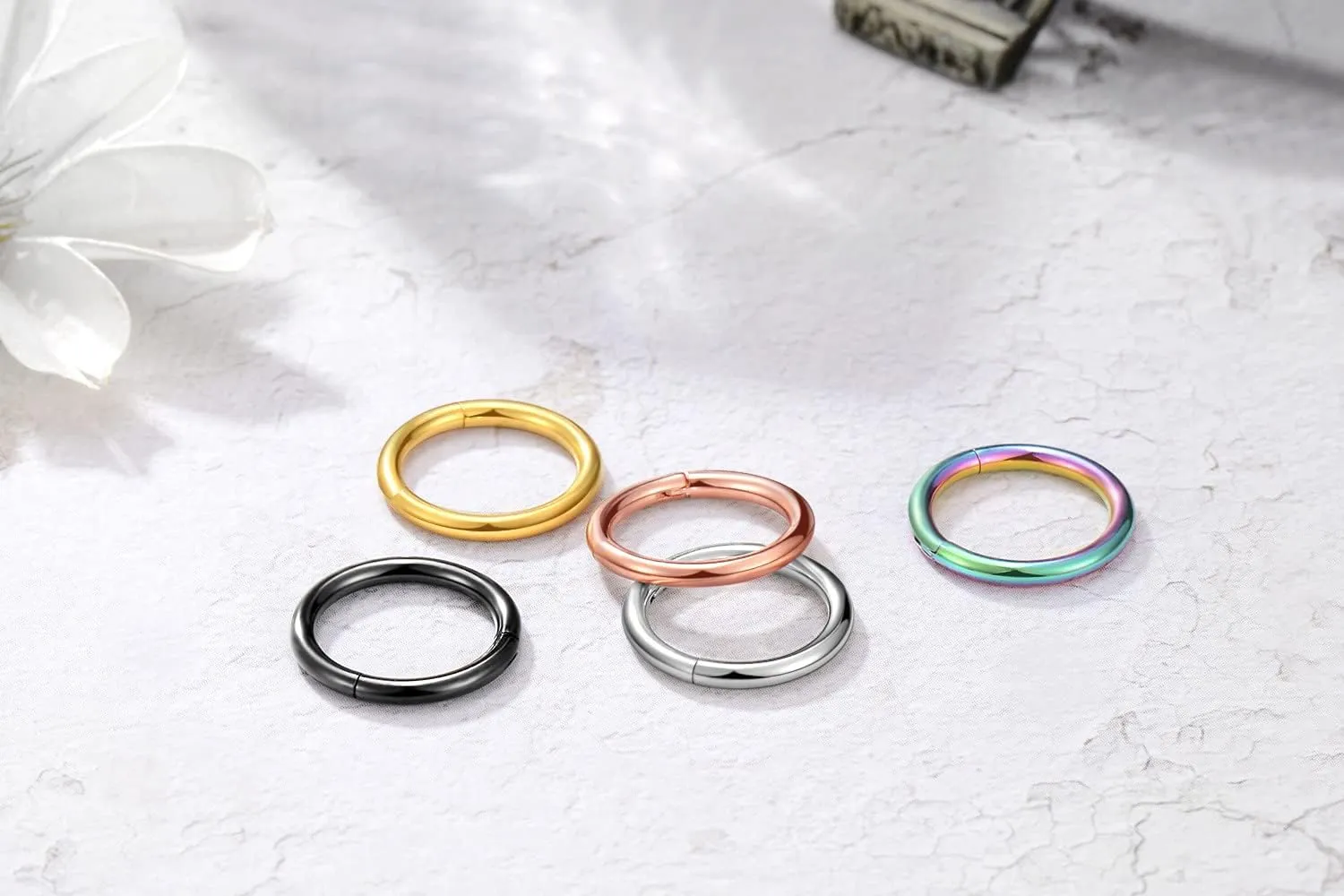 MissNity 316L Surgical Steel Hinged Nose Rings Hoop 20G 18G 16G 14G, Diameter 6mm to 10mm, Color Gold - Rose Gold - Silver - Black - Rainbow