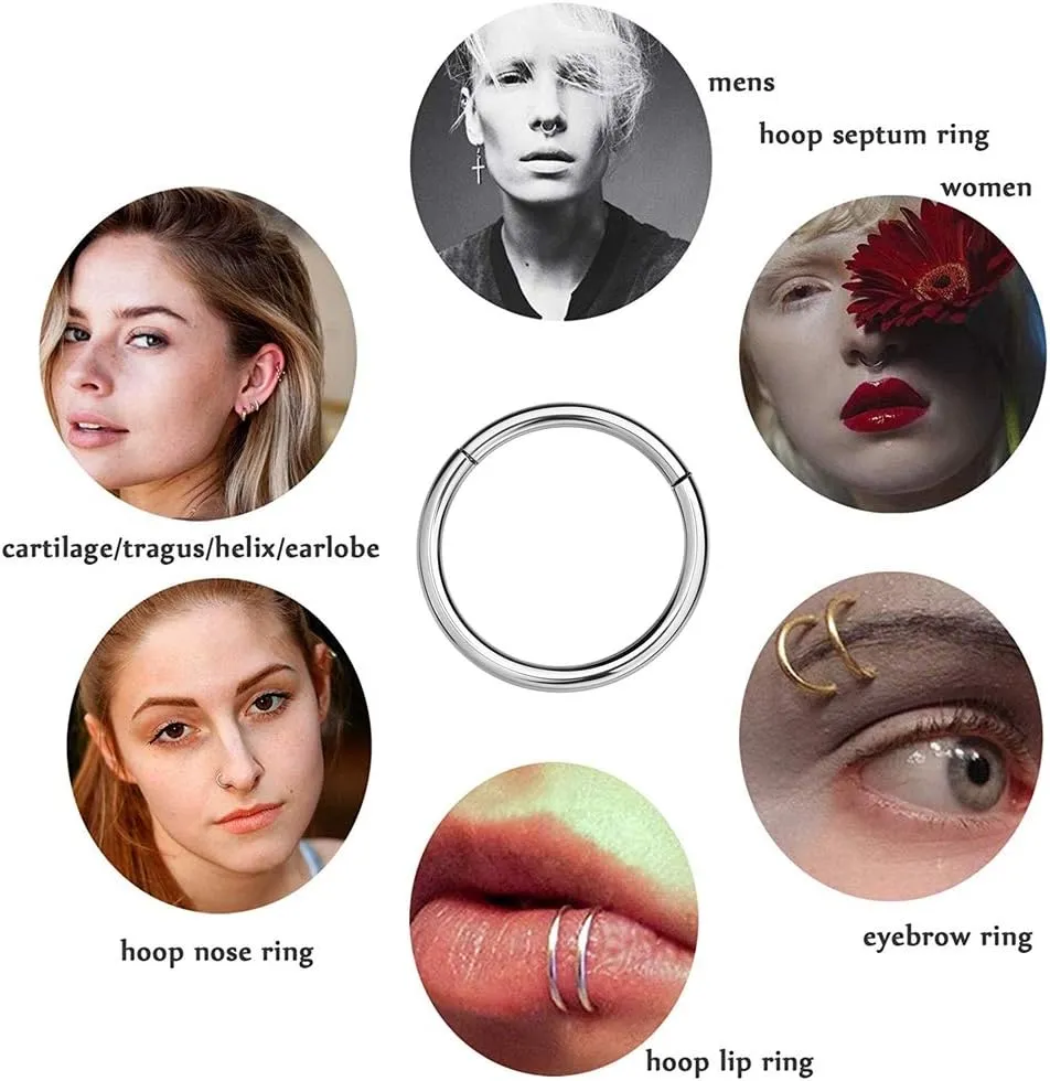 MissNity 316L Surgical Steel Hinged Nose Rings Hoop 20G 18G 16G 14G, Diameter 6mm to 10mm, Color Gold - Rose Gold - Silver - Black - Rainbow