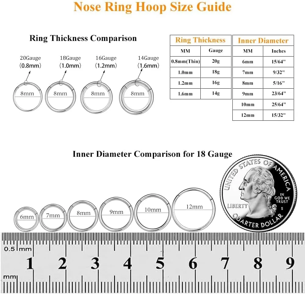 MissNity 316L Surgical Steel Hinged Nose Rings Hoop 20G 18G 16G 14G, Diameter 6mm to 10mm, Color Gold - Rose Gold - Silver - Black - Rainbow
