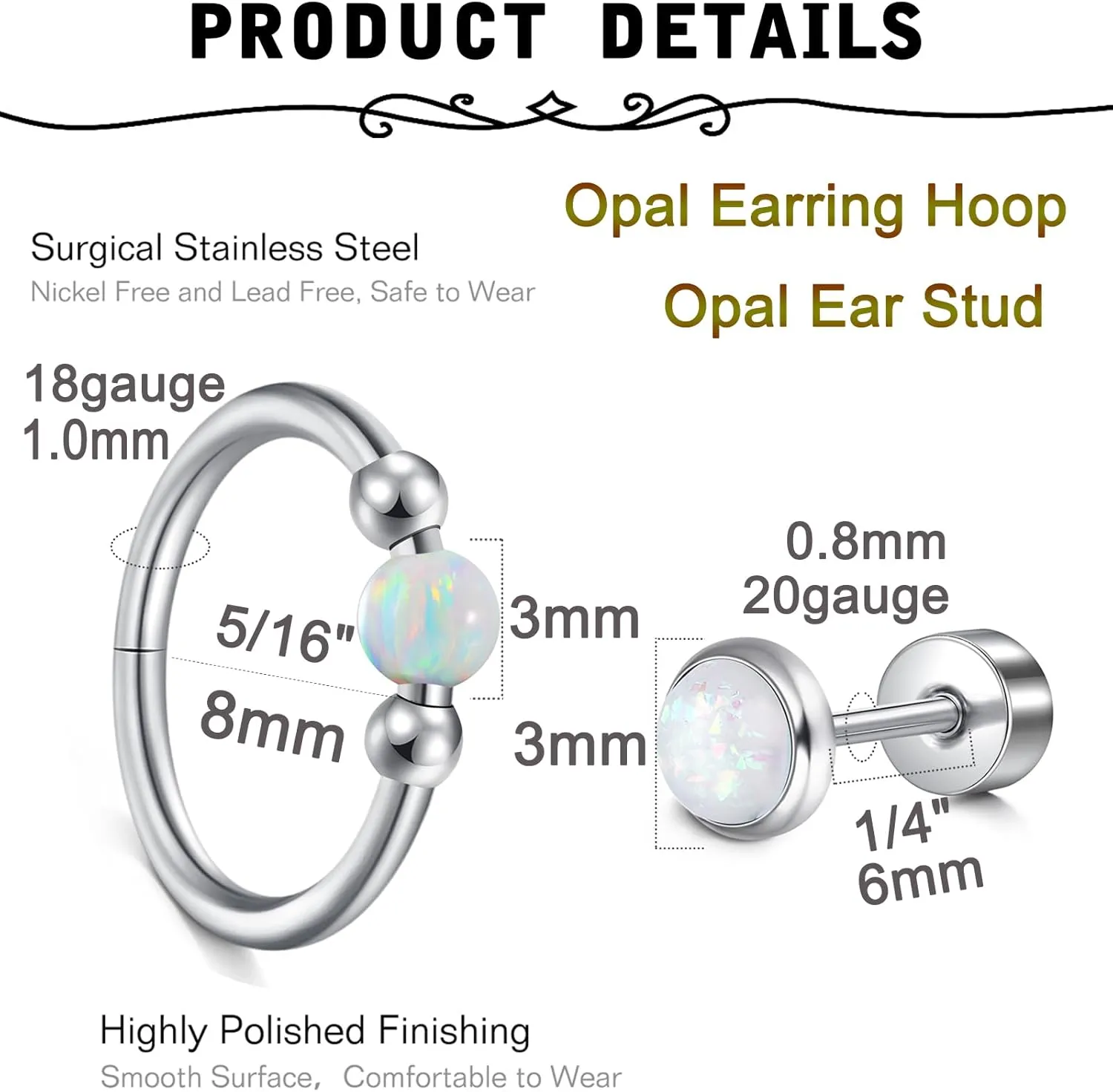 MODRSA 18g Nose Ring Opal Nose Ring Opal Nose Stud L Shaped Opal Nose Hoop Clicker Silver Gold Nose Rings for Women Cartilage Hoop Earring Cartilage Hoop Helix Hoop Earring White Daith Earring Hoop