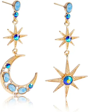 Moon and Star Earrings, Bohemian Asymmetrical Sun Moon Star Dangle Earrings Fashion Long Drop Dangle Stud Earrings Punk Jewelry Gifts for Women