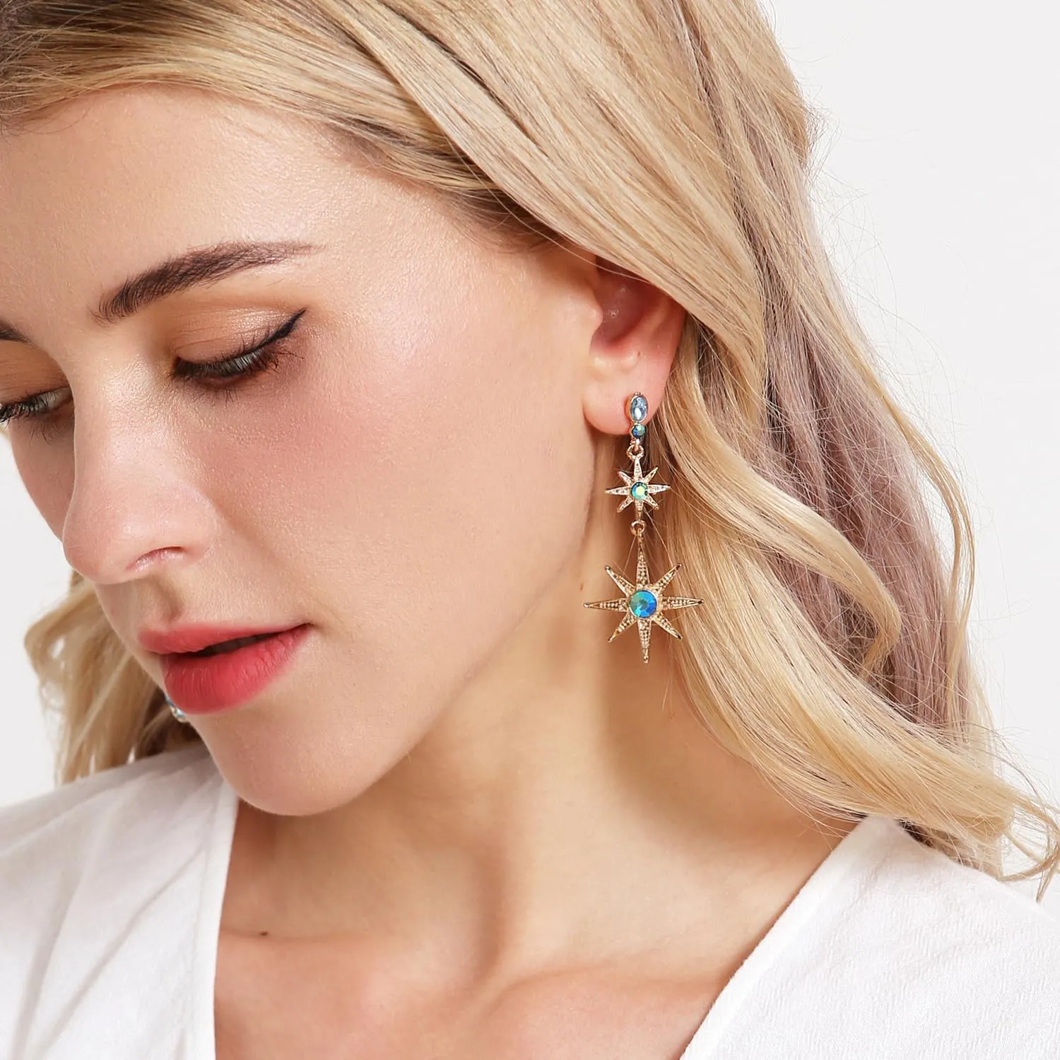 Moon and Star Earrings, Bohemian Asymmetrical Sun Moon Star Dangle Earrings Fashion Long Drop Dangle Stud Earrings Punk Jewelry Gifts for Women
