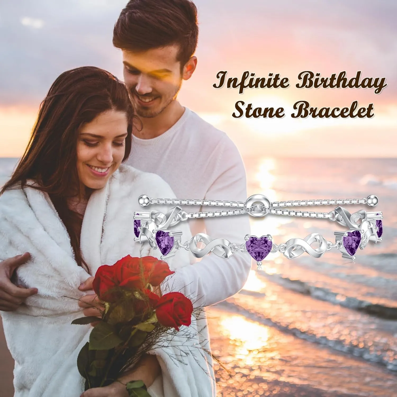 Mother's Day Infinity Love Heart Birthstone Bracelet 925 Sterling Silver Birthday 12 Gemstones Adjustable Bracelets Jewelry for Mother Wife