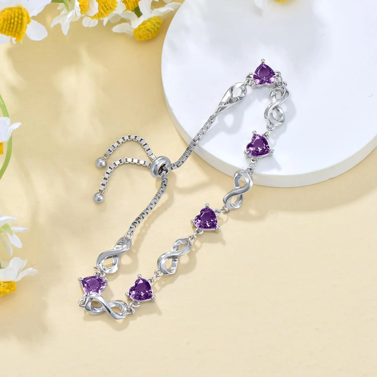 Mother's Day Infinity Love Heart Birthstone Bracelet 925 Sterling Silver Birthday 12 Gemstones Adjustable Bracelets Jewelry for Mother Wife
